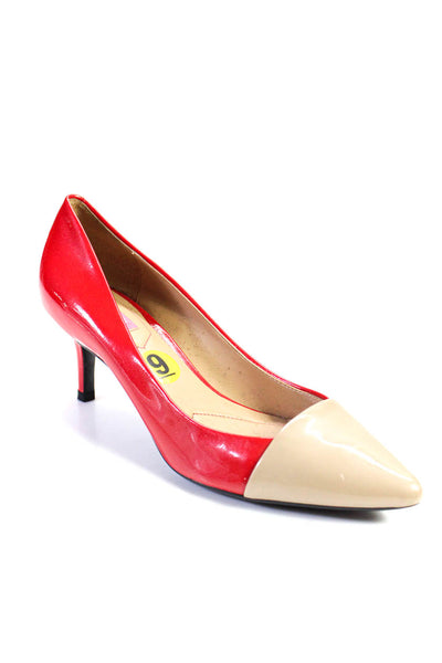 Isaac Mizrahi Womens Patent Leather Point Cap Toe Stiletto Pumps Red Tan Size 9