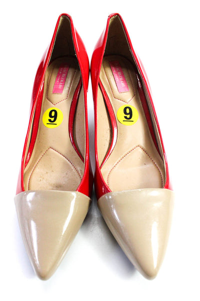 Isaac Mizrahi Womens Patent Leather Point Cap Toe Stiletto Pumps Red Tan Size 9