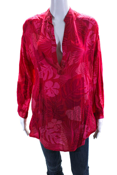 Mikoh Womens Red Floral Print V-Neck Long Sleeve Tunic Blouse Top Size 1