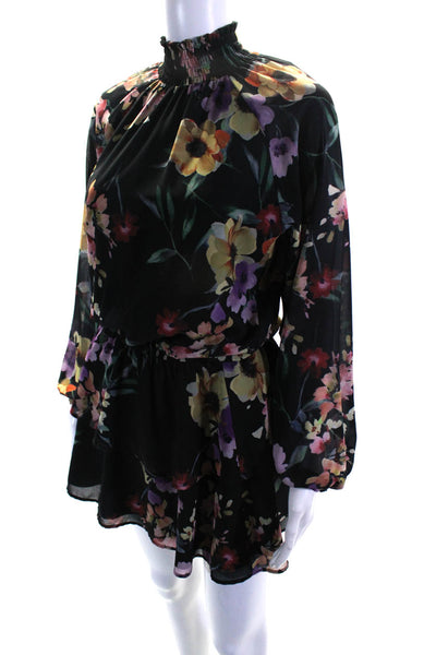 Yumi Kim Womens Black Floral High Neck Long Sleeve Layered Shift Dress Size S