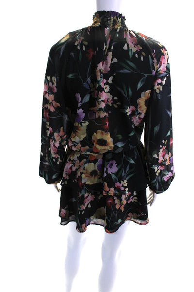 Yumi Kim Womens Black Floral High Neck Long Sleeve Layered Shift Dress Size S