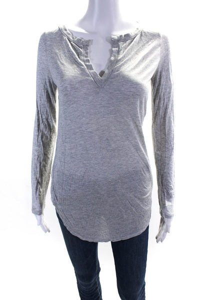 Lanston Women's V-Neck Long Sleeves Slit Hem T-Shirt Gray Size XS