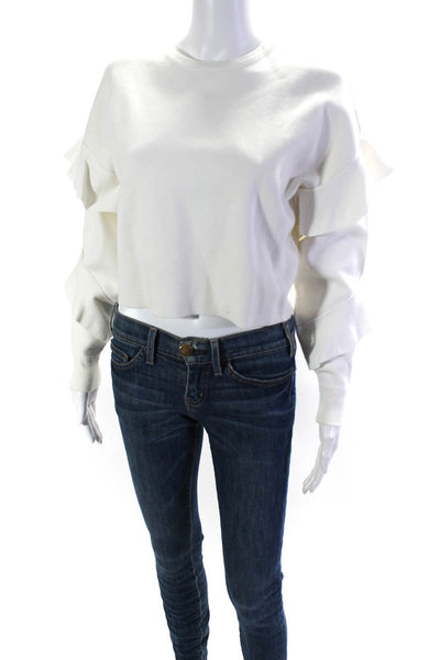 Alice + Olivia Womens Crew Neck Ruffled Long Sleeve Sweatshirt White Size XS