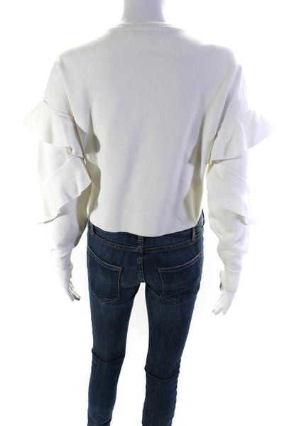 Alice + Olivia Womens Crew Neck Ruffled Long Sleeve Sweatshirt White Size XS