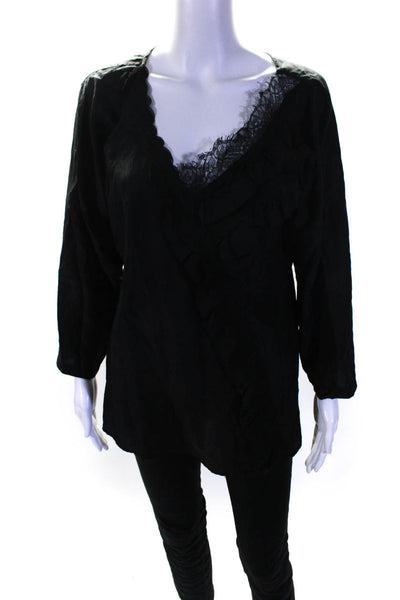 Nanette Lepore Womens Silk Lace Ruffled Long Sleeves Blouse Black Size 2