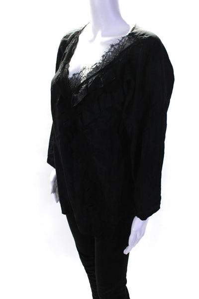 Nanette Lepore Womens Silk Lace Ruffled Long Sleeves Blouse Black Size 2