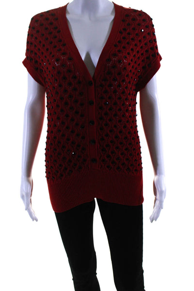 Marc By Marc Jacobs Womens Rhinestone Short Sleeve Cardigan Red Black Size Large