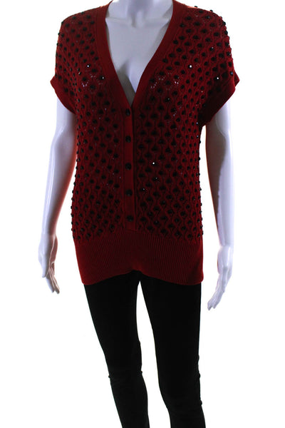 Marc By Marc Jacobs Womens Rhinestone Short Sleeve Cardigan Red Black Size Large