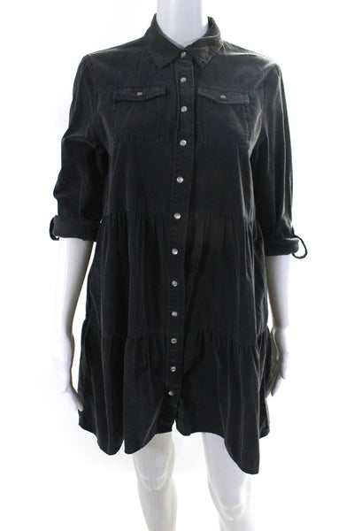 The Shirt Womens Cotton Corduroy Buttoned Tiered Long Sleeve Dress Gray Size XS