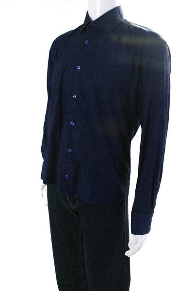 Bertigo Mens Button Front Collared Paisley Dress Shirt Navy Blue Cotton Large