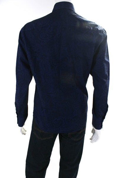 Bertigo Mens Button Front Collared Paisley Dress Shirt Navy Blue Cotton Large