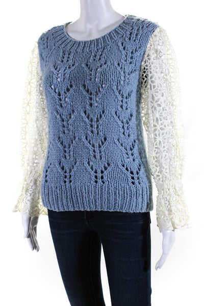 Sea Womens Wool Knitted Patchwork Flare Long Sleeve Sweater Blouse Blue Size S