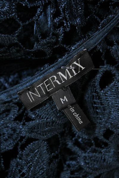 Intermix Women's Round Neck Sleeveless Lace Blouse Navy Blue Size M
