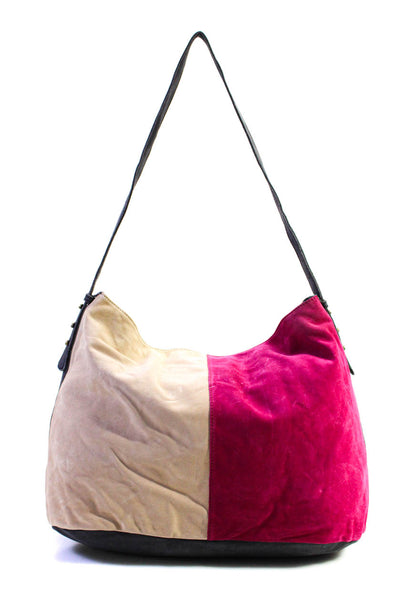 Jalda Womens Color Block Nubuck Leather Shoulder Bag Handbag Magenta Beige Gray