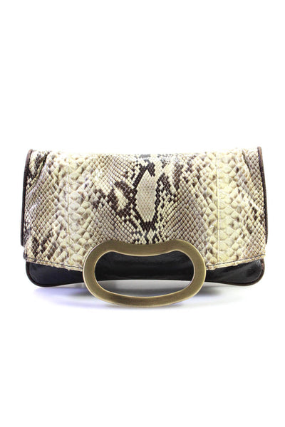 Jalda Womens Snakeskin Leather Magnetic Fold Over Clutch Handbag Brown Ivory