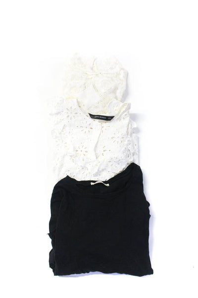 Zara Womens White Lace Ruffle Crew Neck Short Sleeve Blouse Top Size M lot 3