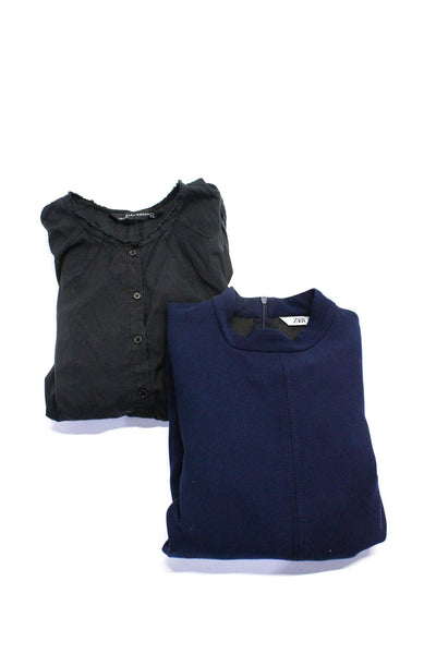 Zara Womens Long Sleeve Crew V Neck Shirts Black Navy Blue Small Medium Lot 2