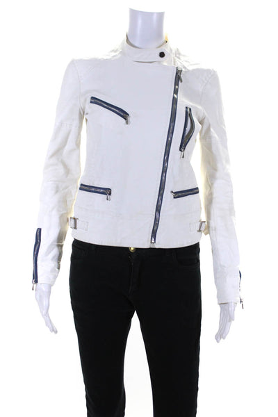 7 For All Mankind Womens Zip Up Pocket Front Crew Neck Jacket White Cotton XS