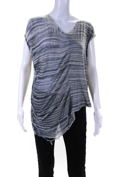 Raquel Allegra Womens Striped Distressed Short Sleeved Shirt Gray Blue Size 1