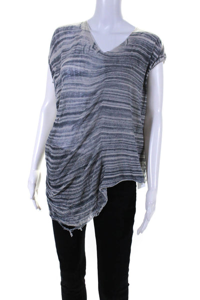 Raquel Allegra Womens Striped Distressed Short Sleeved Shirt Gray Blue Size 1