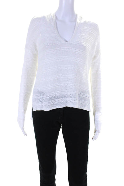 360 Sweater Womens Striped V Neck Long Sleeved Hooded Knit Sweater White Size S