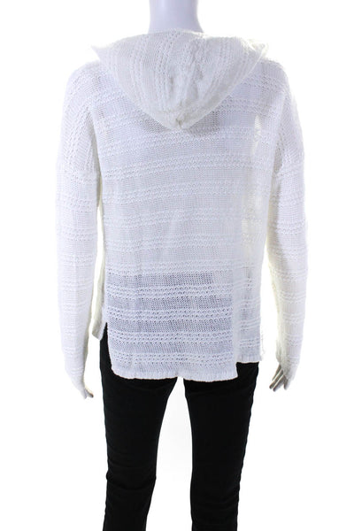 360 Sweater Womens Striped V Neck Long Sleeved Hooded Knit Sweater White Size S