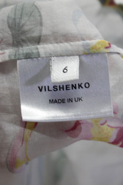 Vilshenko Womens Floral V Neck Long Sleeved Tunic Blouse White Pink Blue Size 6