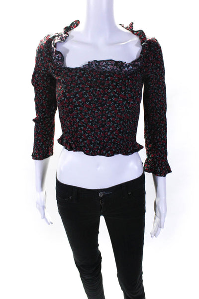 Reformation Womens Floral Print Round Neck Long Sleeve Blouse Black Red Size 6