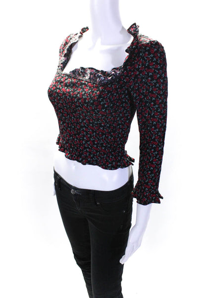 Reformation Womens Floral Print Round Neck Long Sleeve Blouse Black Red Size 6