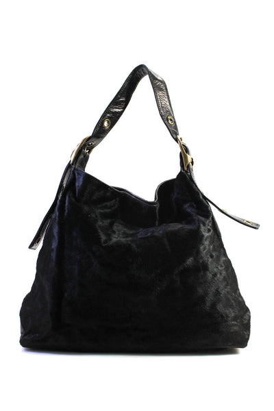 Jalda Womens Large Leather Trim Pony Hair Hobo Shoulder Bag Handbag Black