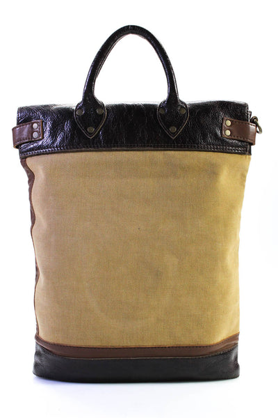 Nuana Kane Womens Leather Canvas Rolled Handle Shoulder Bag Tote Handbag Brown