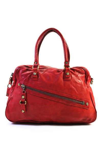 Jalda Womens Leather Rolled Handle Zip Top Chain Satchel Handbag Red
