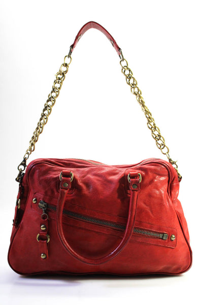 Jalda Womens Leather Rolled Handle Zip Top Chain Satchel Handbag Red