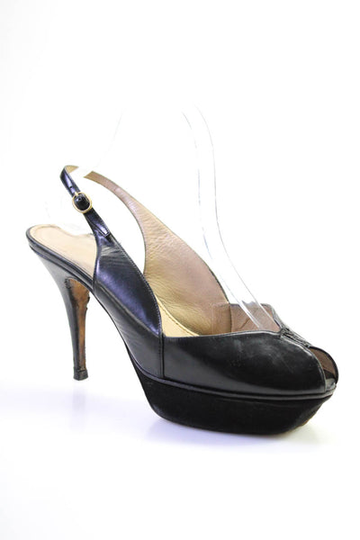Yves Saint Lauren Women's Leather Platform Peep Toe Slingback Heels Black Size 8