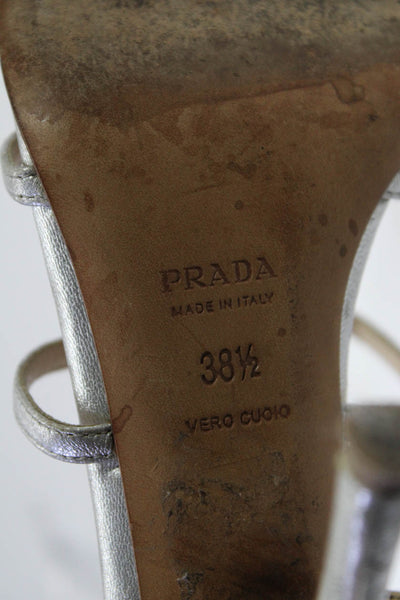 Prada Women's Leather Peep Toe Strappy Metallic Stilettos Silver/Gold Size 8.5