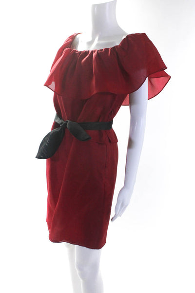 Derek Lam Womens Bright Red Off Shoulder Short Sleeve Ruffle Shift Dress Size M