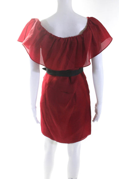 Derek Lam Womens Bright Red Off Shoulder Short Sleeve Ruffle Shift Dress Size M