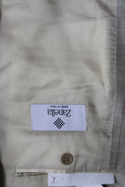 Zanella Mens Silk Plaid Two Button Blazer Jacket Beige Size 44 Long