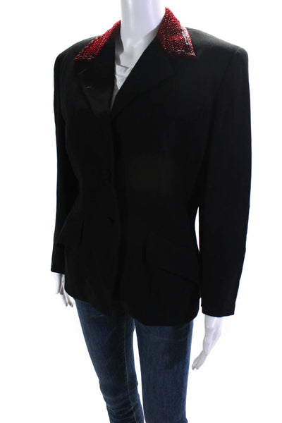 DKNY Womens Three Button Velvet Beaded Trim Blazer Jacket Black Wool Size 10