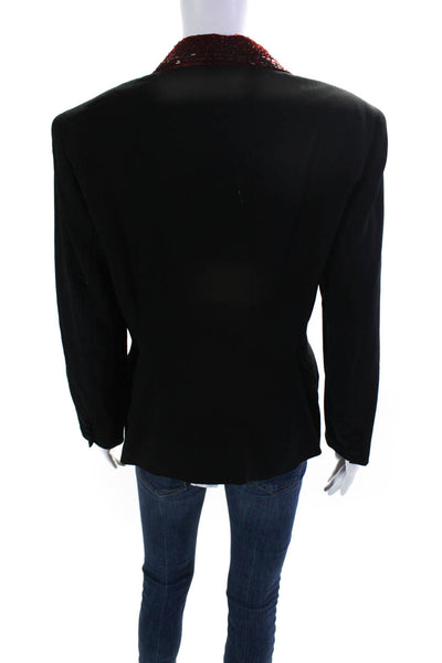 DKNY Womens Three Button Velvet Beaded Trim Blazer Jacket Black Wool Size 10