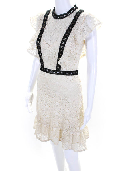 Designer Womens Ivory Floral Lace Crew Neck Cap Sleeve Shift Dress Size 4