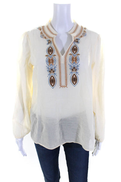 Spartina 449 Womens Cotton Crepe Embroidered V-Neck Tunic Blouse Beige Size M