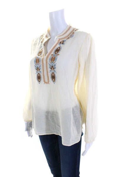 Spartina 449 Womens Cotton Crepe Embroidered V-Neck Tunic Blouse Beige Size M