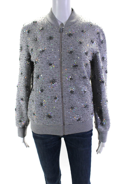 Ashish Womens Gray Sequins Beaded Long Sleeve Cotton Bomber Jacket Size S