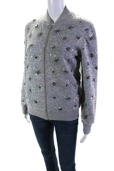 Ashish Womens Gray Sequins Beaded Long Sleeve Cotton Bomber Jacket Size S