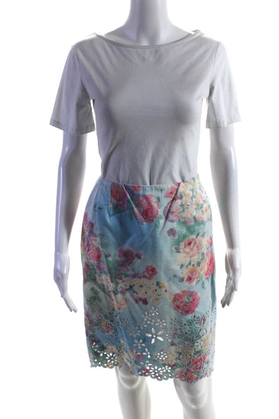 Oscar de la Renta Women's Floral Embroidered Pencil Skirt Pink Blue Size 4