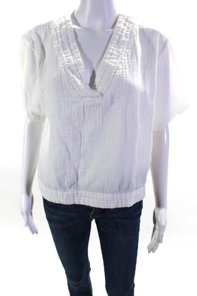 Lilla P Womens Short Sleeves V Neck Blouse White Cotton Size Large