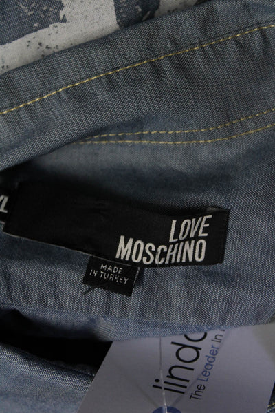 Love Moschino Mens Peace Compass Long Sleeve Button Up Shirt Blue Size XXL