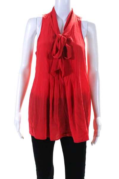 Theory Womens Silk Crepe Pleated Tie Front Sleeveless Blouse Top Red Size M