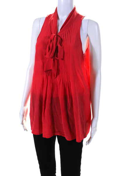 Theory Womens Silk Crepe Pleated Tie Front Sleeveless Blouse Top Red Size M